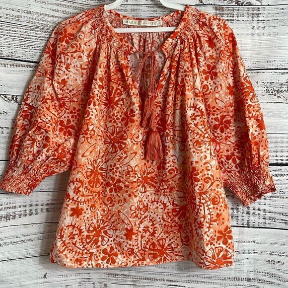 Maria Oliver Top Womens size XS Lara coral wax tassels cotton boho Blouse Floral - Picture 3 of 12